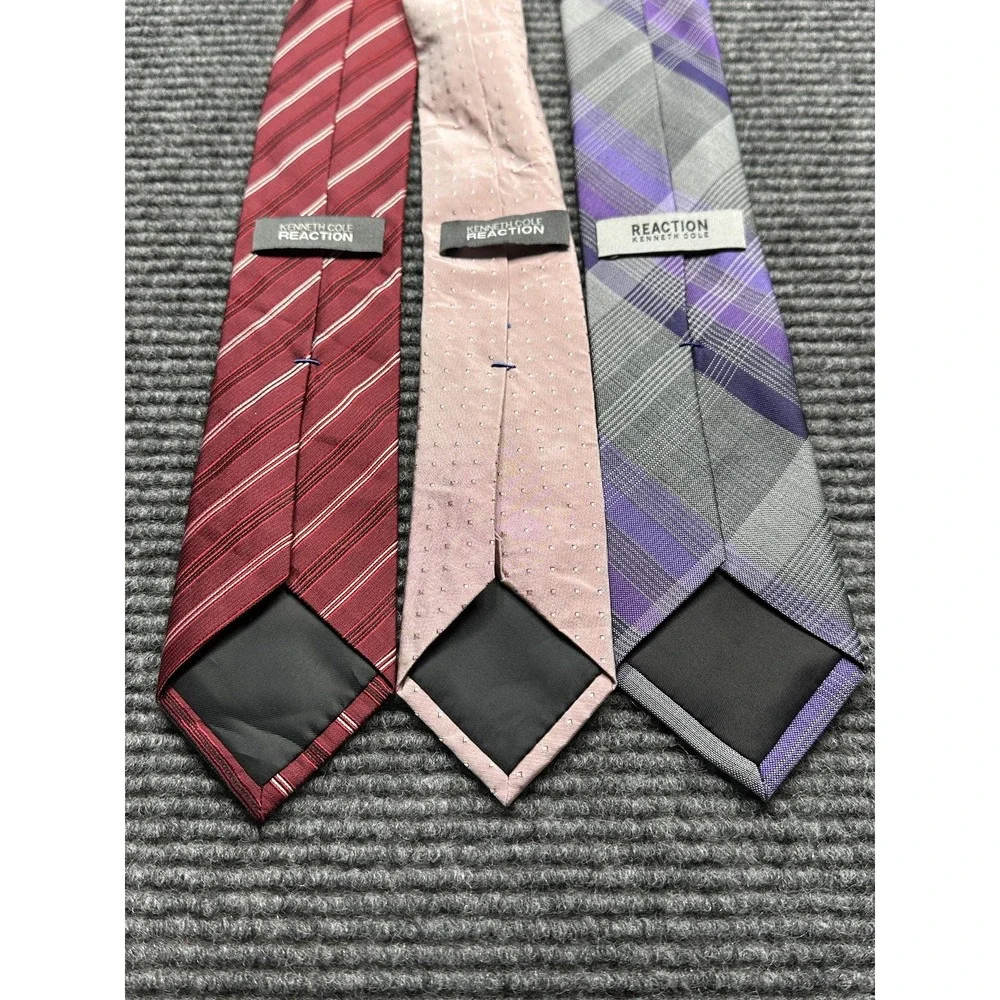 Kenneth Cole Reaction Ties Mens Silk Lot of 3 Red‎ Stripe Pink Dot Purple Plaid